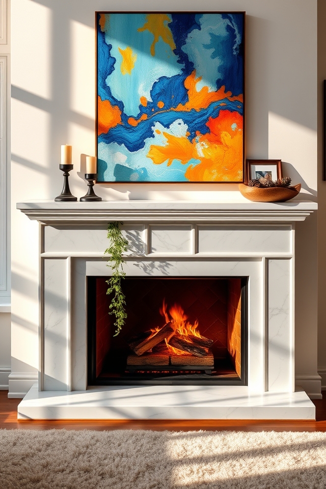 artwork above fireplace hearth