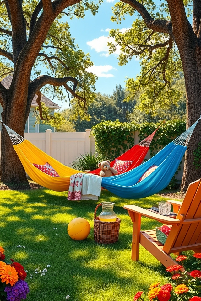 colorful hammocks family yard
