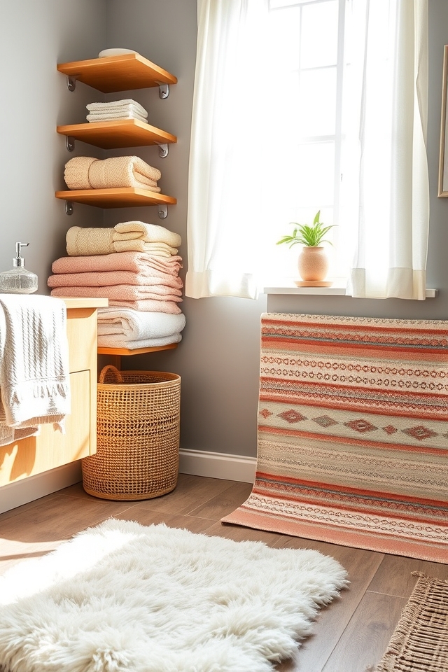 cozy bathroom textile layering