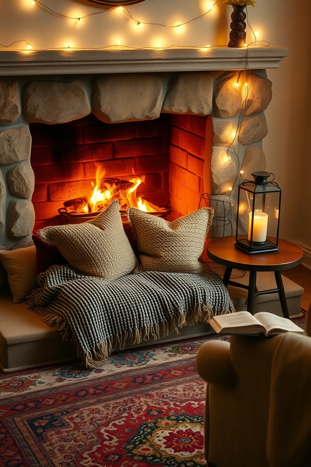 cozy fireplace reading nook