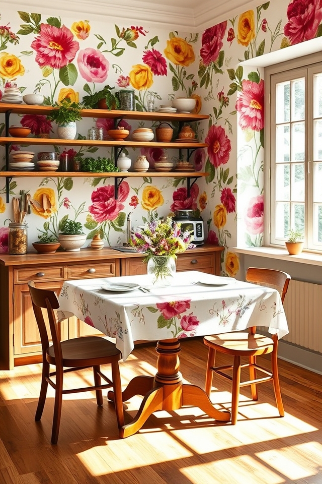 floral wallpaper kitchen accents