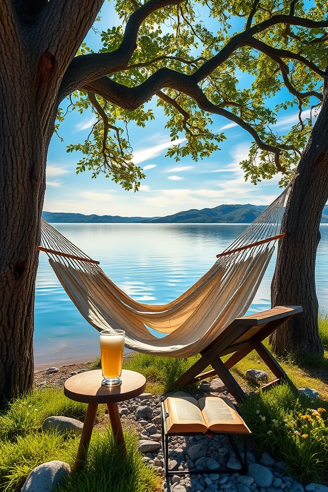 lakeside hammock relaxation escape