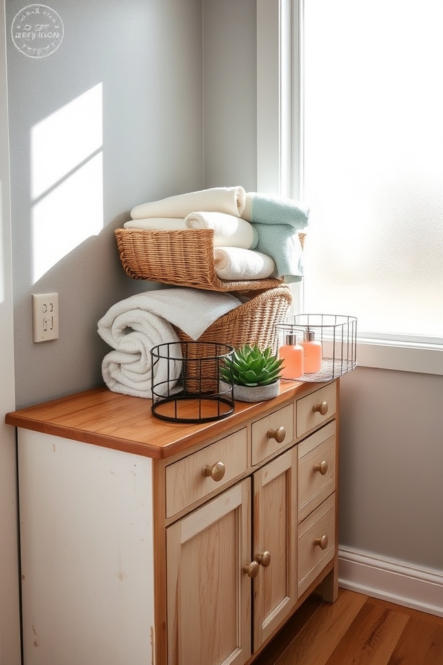 organized bathroom using baskets