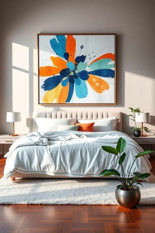 oversized artwork enhances bedroom aesthetics