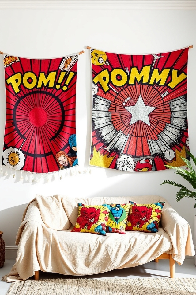 comic inspired fabric wall hangings