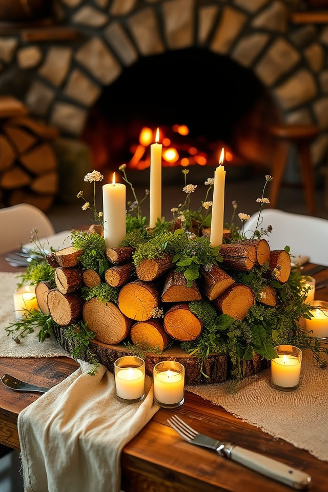 cozy firewood centerpiece creation