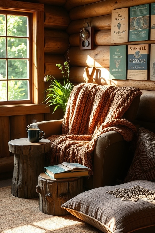 cozy log cabin reading